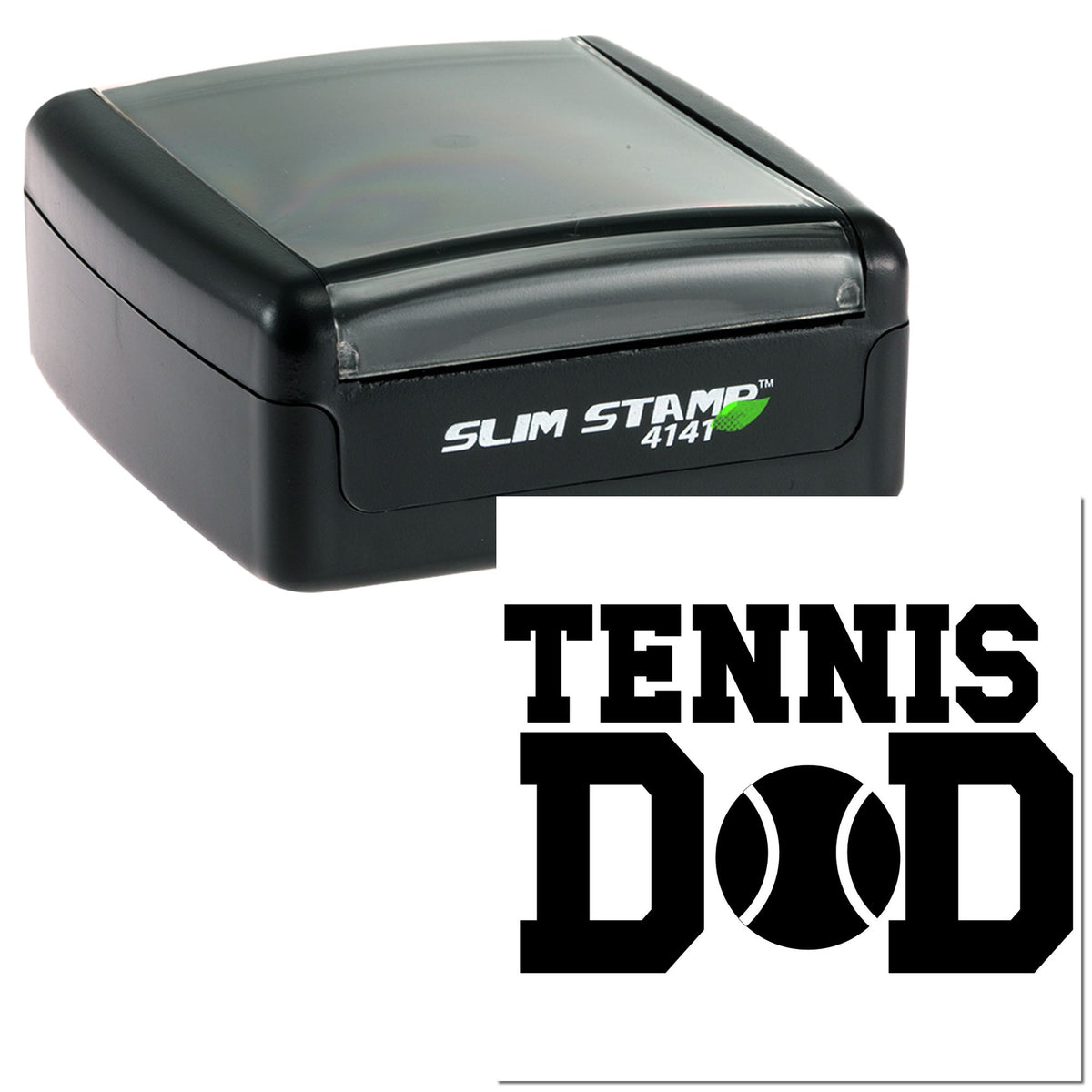 Black slim self-inking stamp with translucent gray cover, labeled Slim Stamp 4141, beside a bold black Tennis DOD seal.