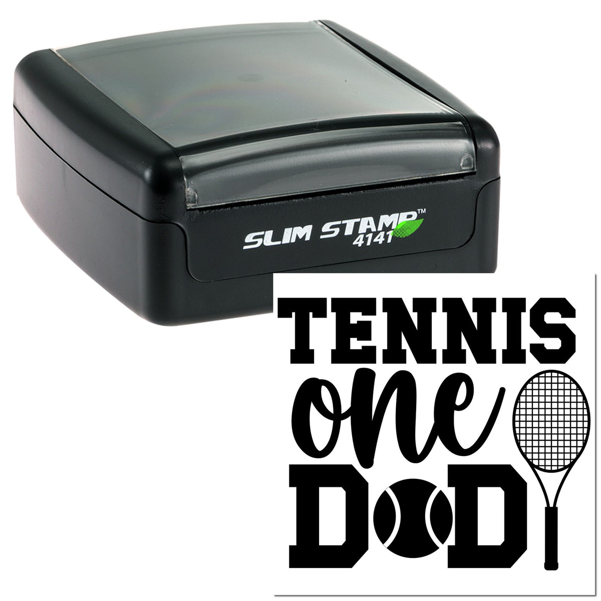 Black self-inking Slim Stamp 4141 seal with tennis dad design and racket graphic, on white background