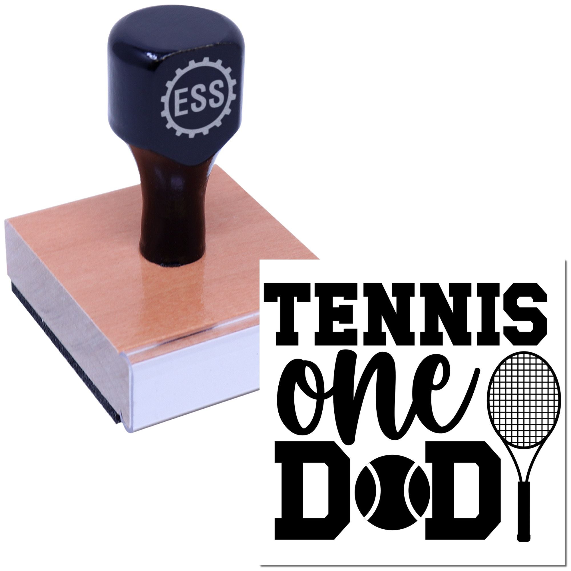 Black custom stamp and seal on wooden block, with ESSI logo, printing Tennis One Dad and tennis racket and ball.