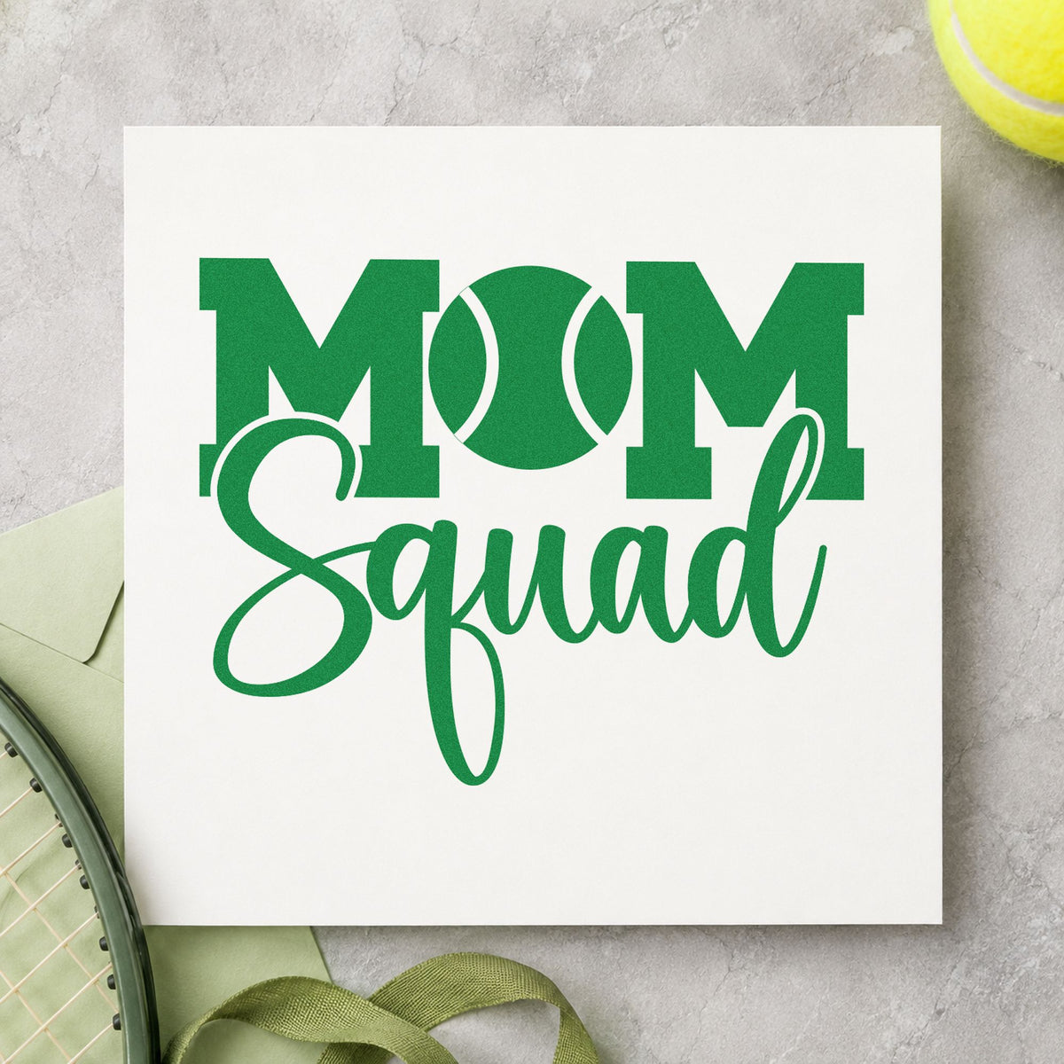 Tennis Mom Squad Lettering craft stamp in green ink on cardstock, an easy option for sideline album page.