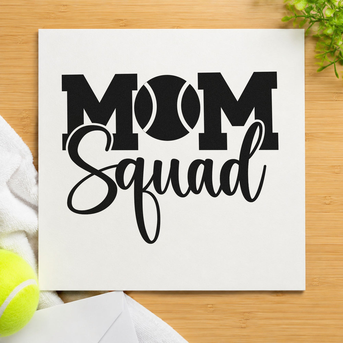Tennis Mom Squad Lettering craft stamp imprint in black ink on a handmade project, one idea being shade kit gift tags.