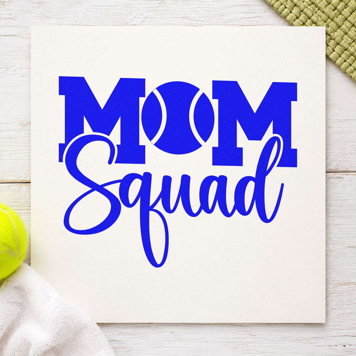 Tennis Mom Squad Lettering craft stamp in blue ink on cardstock, an easy option for group visor printing.
