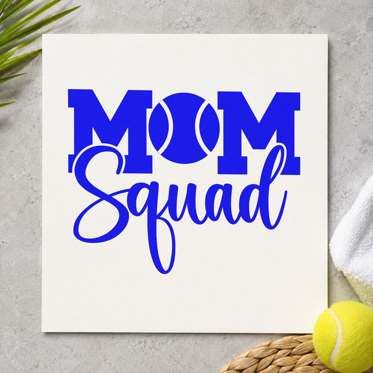 Tennis Mom Squad Lettering craft stamp imprinted in blue ink on paper, a design suited to framed court bench.