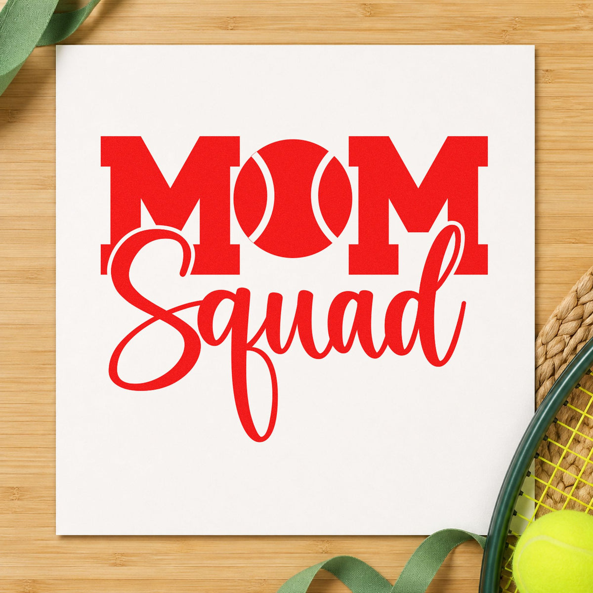 Tennis Mom Squad Lettering rubber stamp shown in red ink, stamped for projects such as bin shade labels.