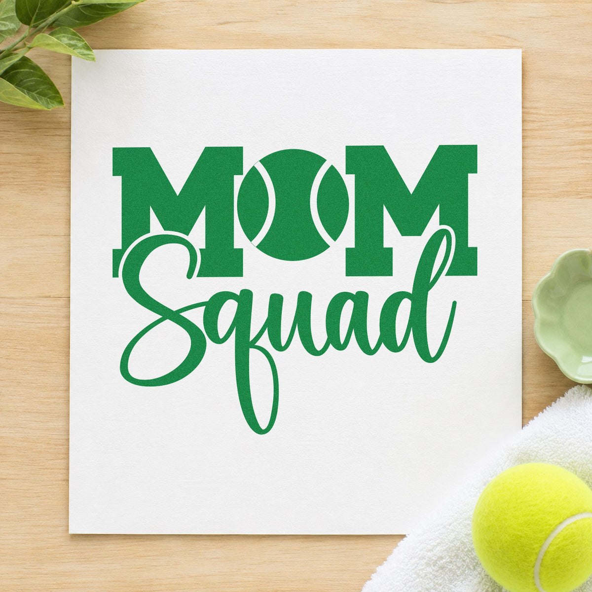 Tennis Mom Squad Lettering craft stamp imprint in green ink on a handmade project, one idea being match info cards.