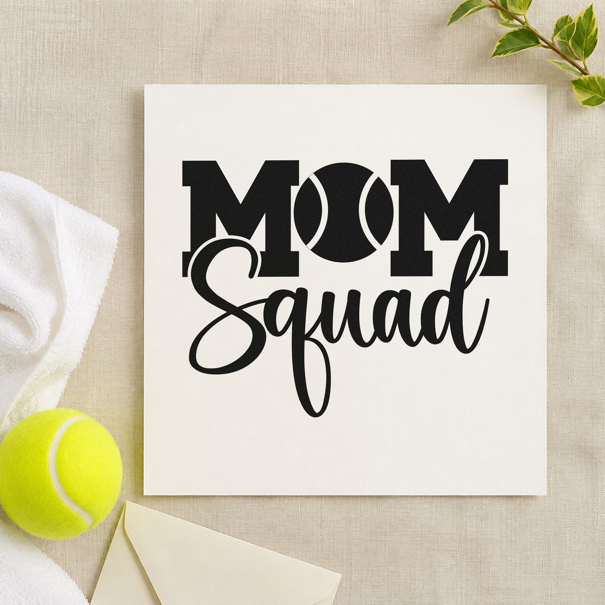 Tennis Mom Squad Lettering rubber stamp printed in black ink, ready for ball letter cards and similar paper crafts.