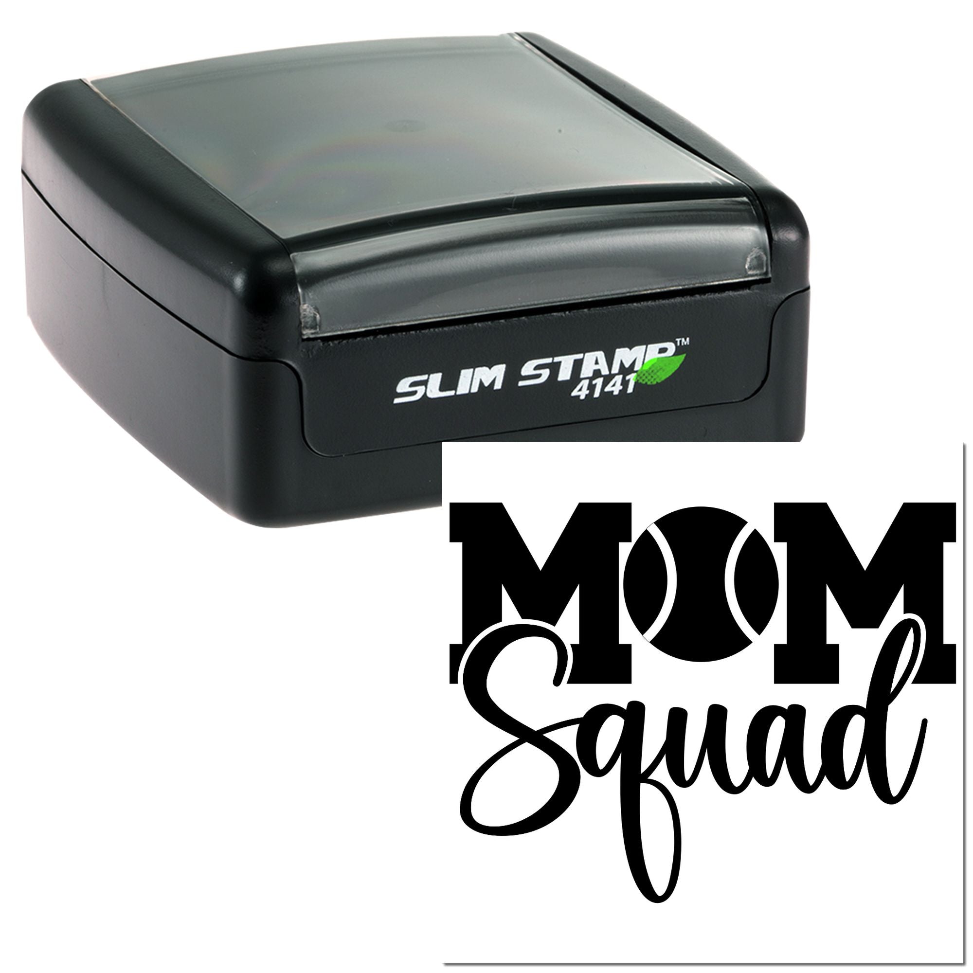 Black Slim Stamp 4141 self-inking stamp with clear case and bold black MOM Squad seal design on white background.