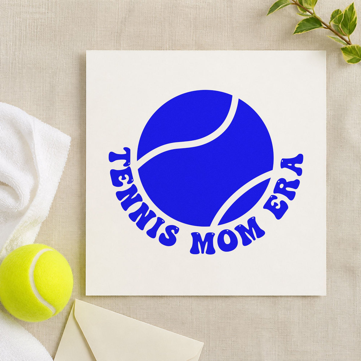 Tennis Mom Era Ball craft stamp in blue ink on cardstock, an easy option for car blanket printing.