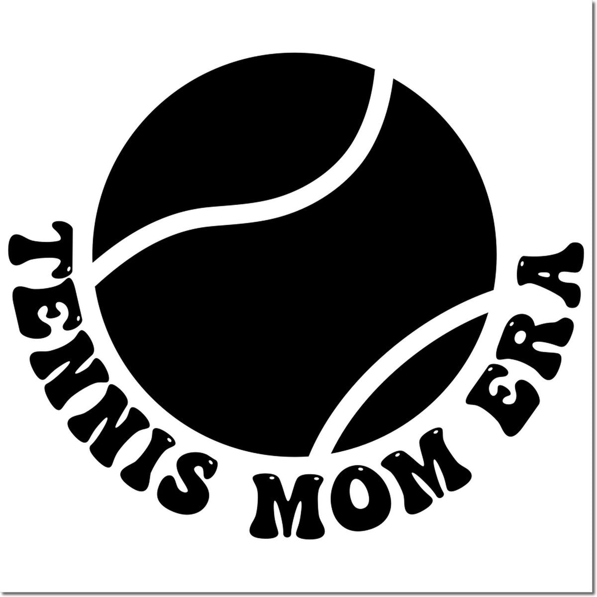 Black Tennis Mom stamp seal with tennis ball logo, curved lettering, on white background.