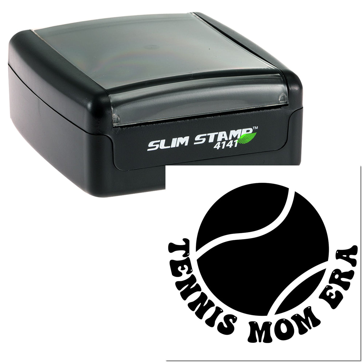 Black slim self-inking stamp with gray cover and Moms Errand tennis ball-style seal imprint.