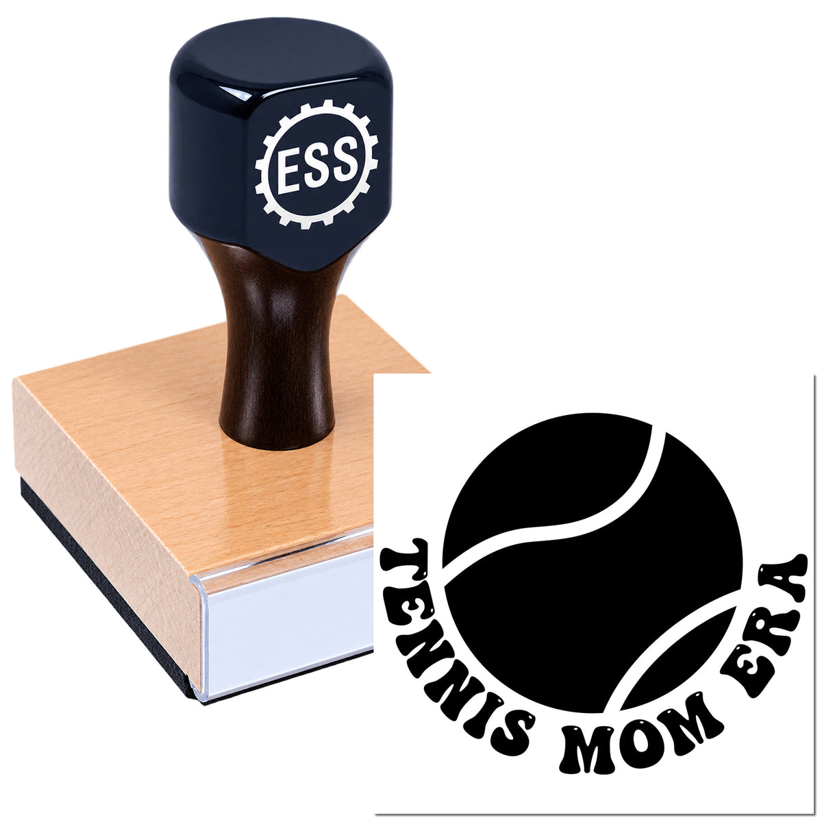 Black ESS rubber stamp on tan wooden base, with matching circular seal logo on a white background.