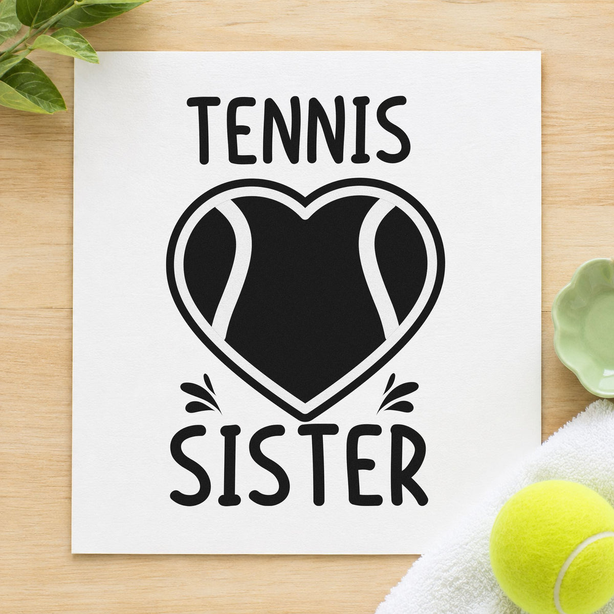 Tennis Sister Heart Ball rubber stamp printed in black ink, ready for year index sheet and similar paper crafts.