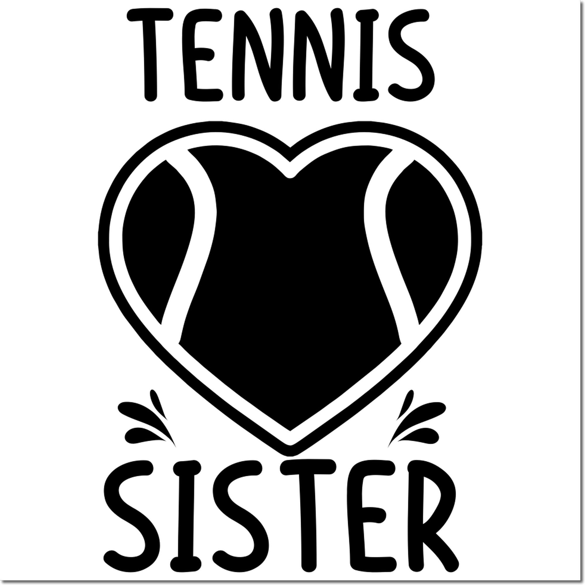 Black tennis sister stamp seal with heart-shaped tennis ball graphic on white background.