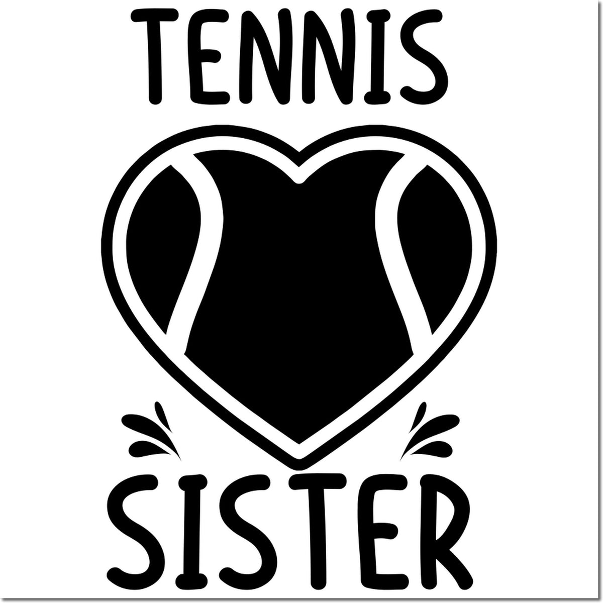 Black-and-white tennis sister stamp seal with heart-shaped tennis ball and decorative accents.