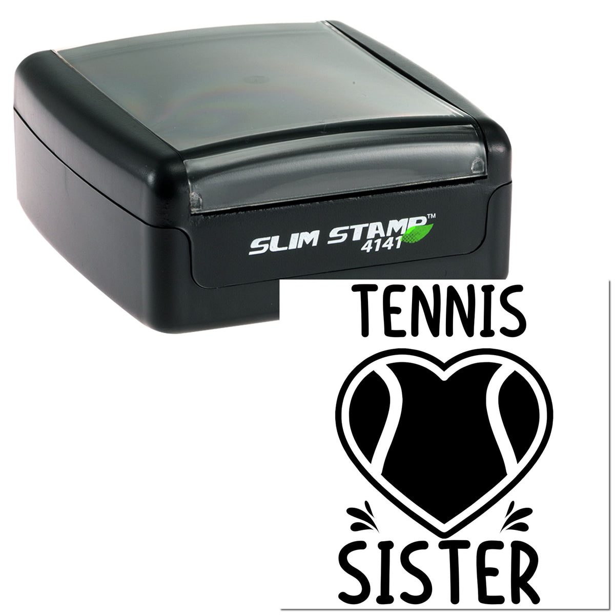 Black self-inking stamp and seal with gray translucent top, Tennessee Sister heart logo, on white background.