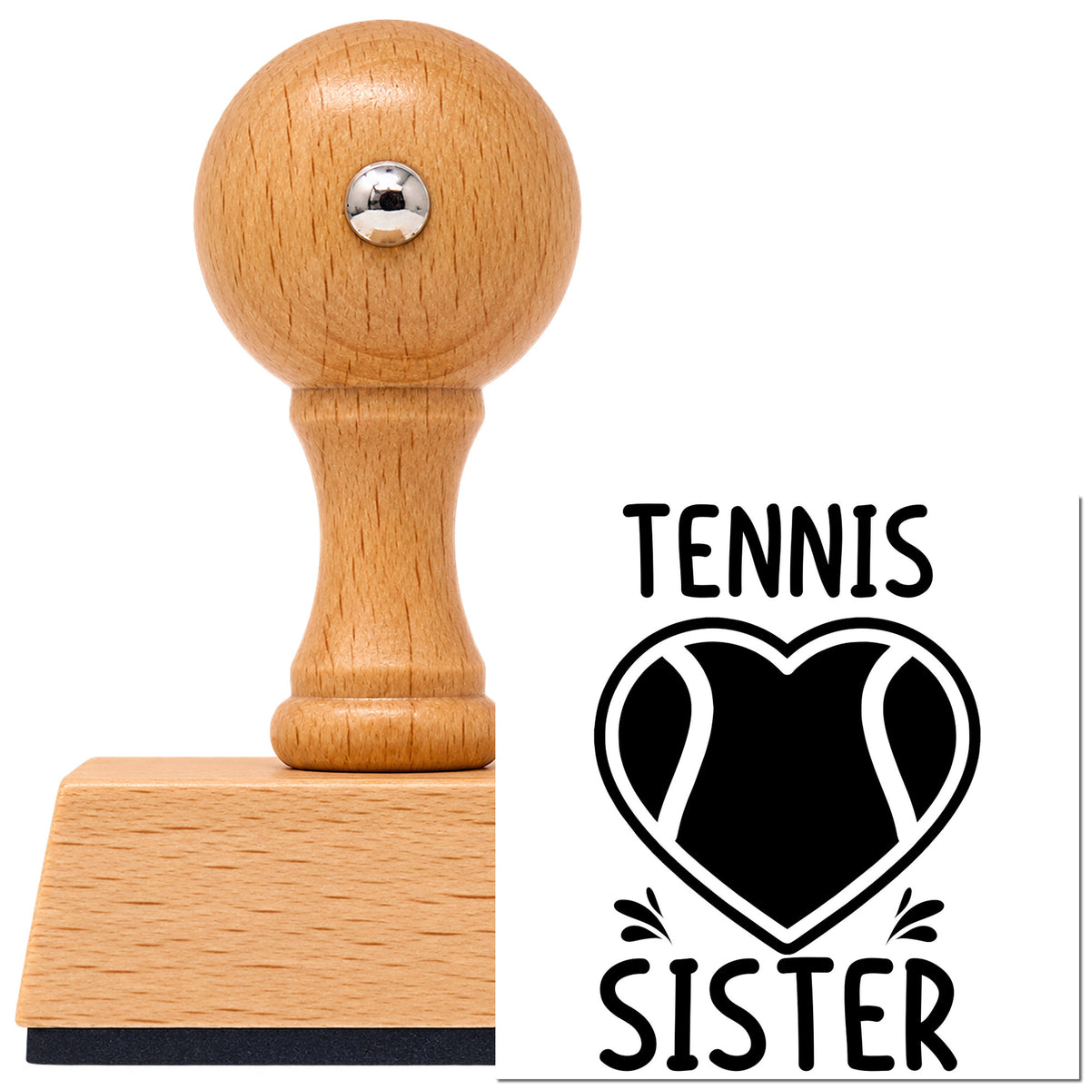 Vintage Pro beech wood stamp with a round knob handle, shown with its black Sister Tennis Heart Lettering imprint on white.