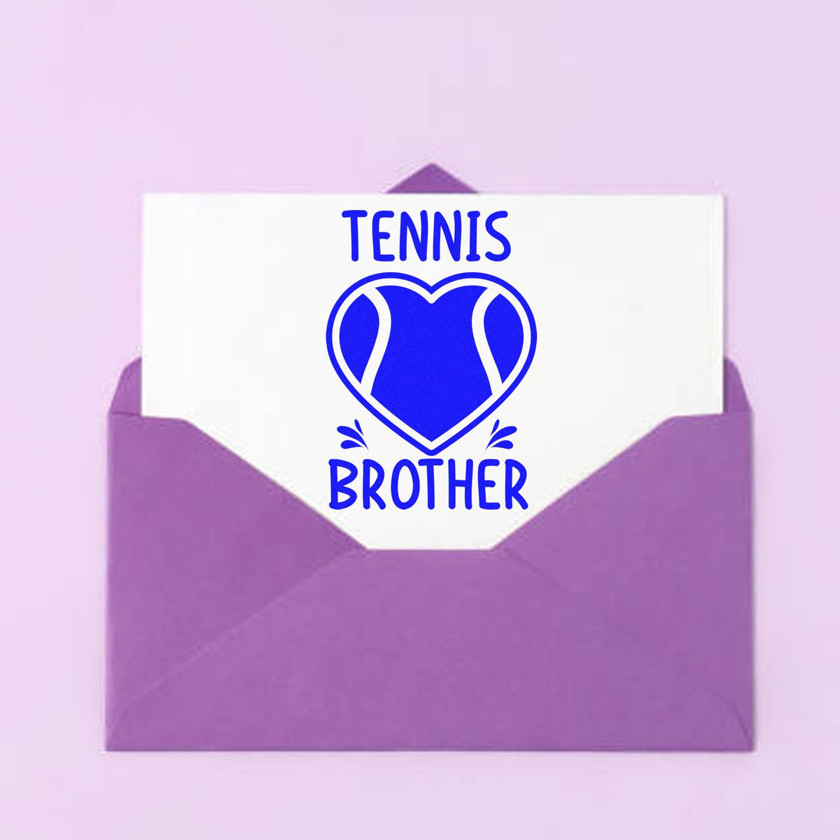 Purple envelope seal with white card, blue tennis heart graphic, and TENNIS BROTHER text for stamp products.