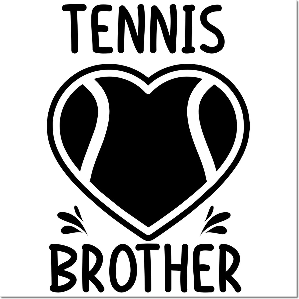Black Tennis Brother stamp/seal design with heart-shaped tennis ball and bold lettering on white background.
