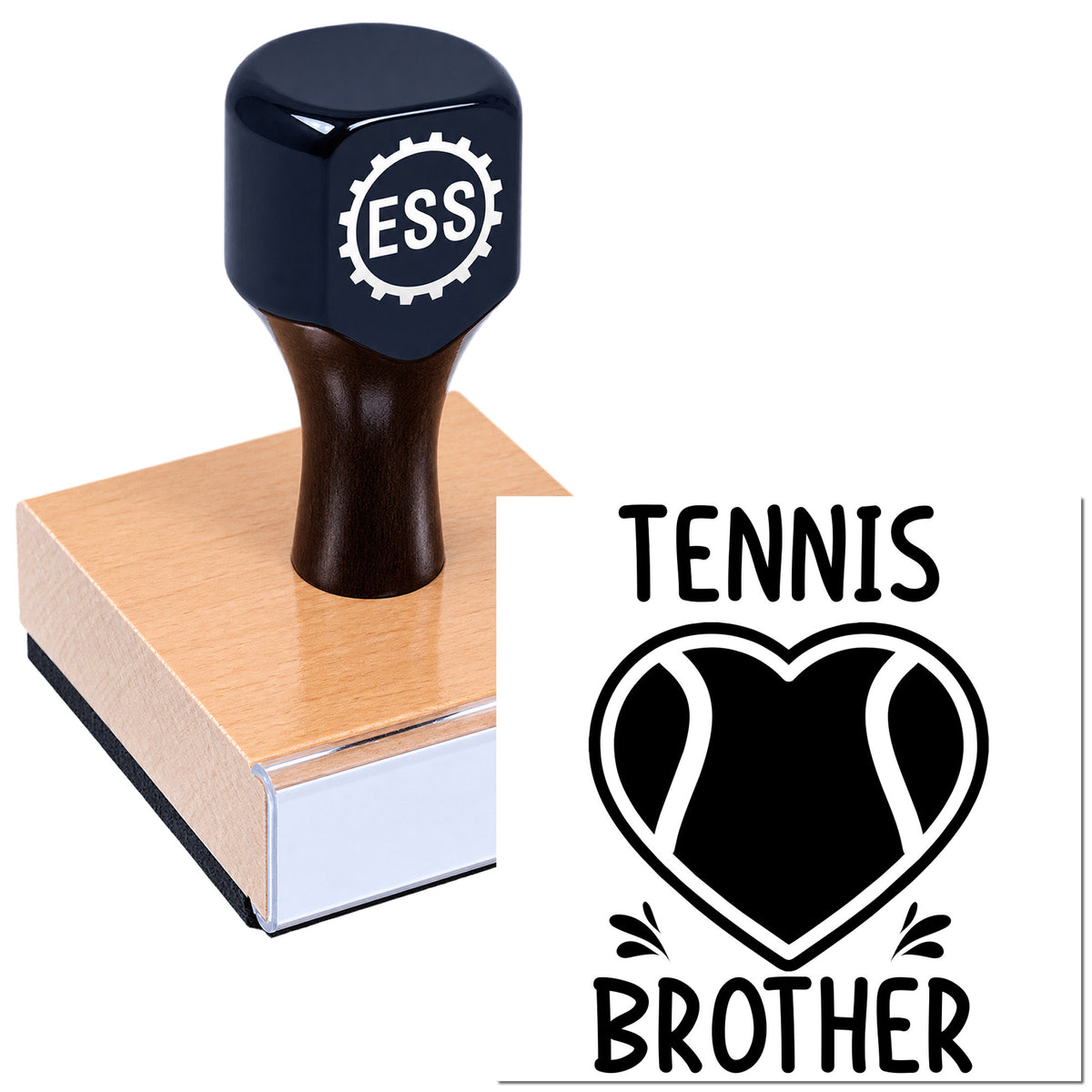 Black custom stamp and seal with pink rubber base, showing a tennis brother logo and text.