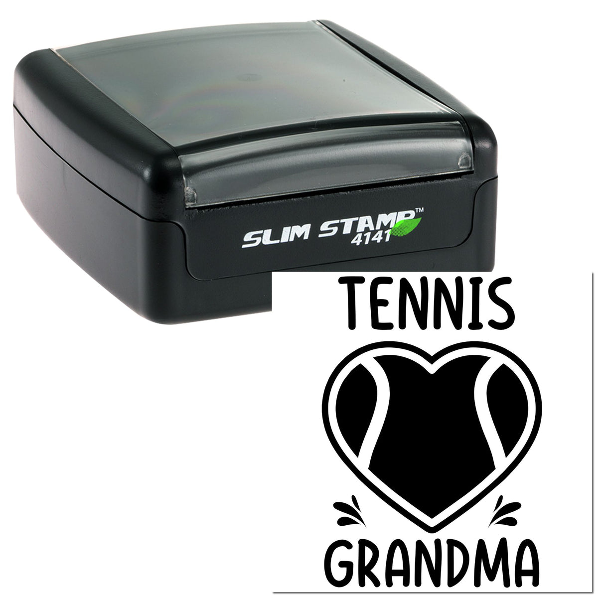 Black slim self-inking stamp with gray top and a tennis grandma heart seal design in bold black on white.