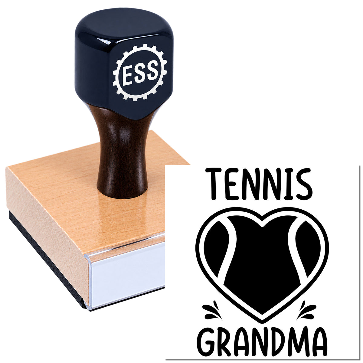 Navy custom rubber stamp with ESS gear logo on a wooden base, showing black Tennis Grandma heart seal design.