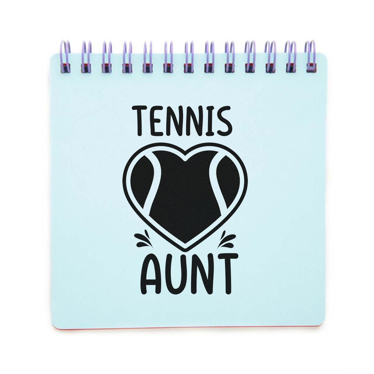 Light blue spiral-bound custom stamp pad with black TENNIS AUNT heart design and purple metal rings.