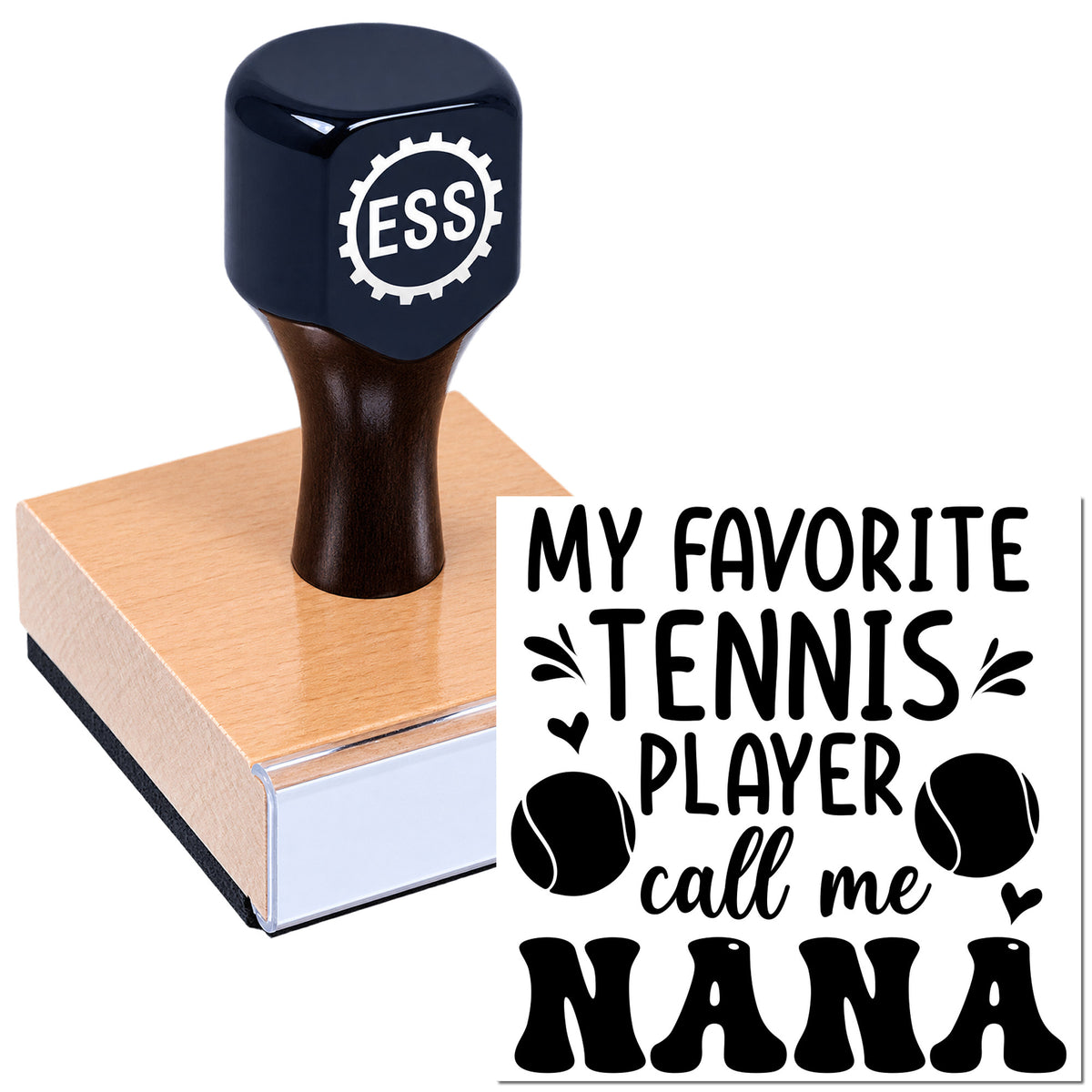 Navy self-inking rubber stamp with ESS logo on a wooden block, printing black "My favorite tennis player call me Nana" text.