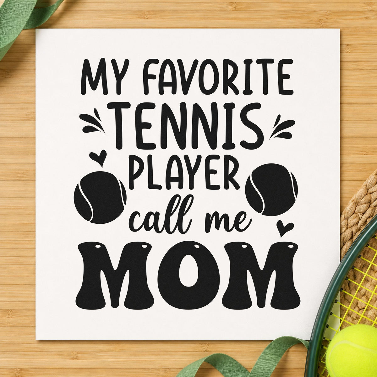 Favorite Tennis Player Mom craft stamp imprint in black ink on a handmade project, one idea being decal gift tags.