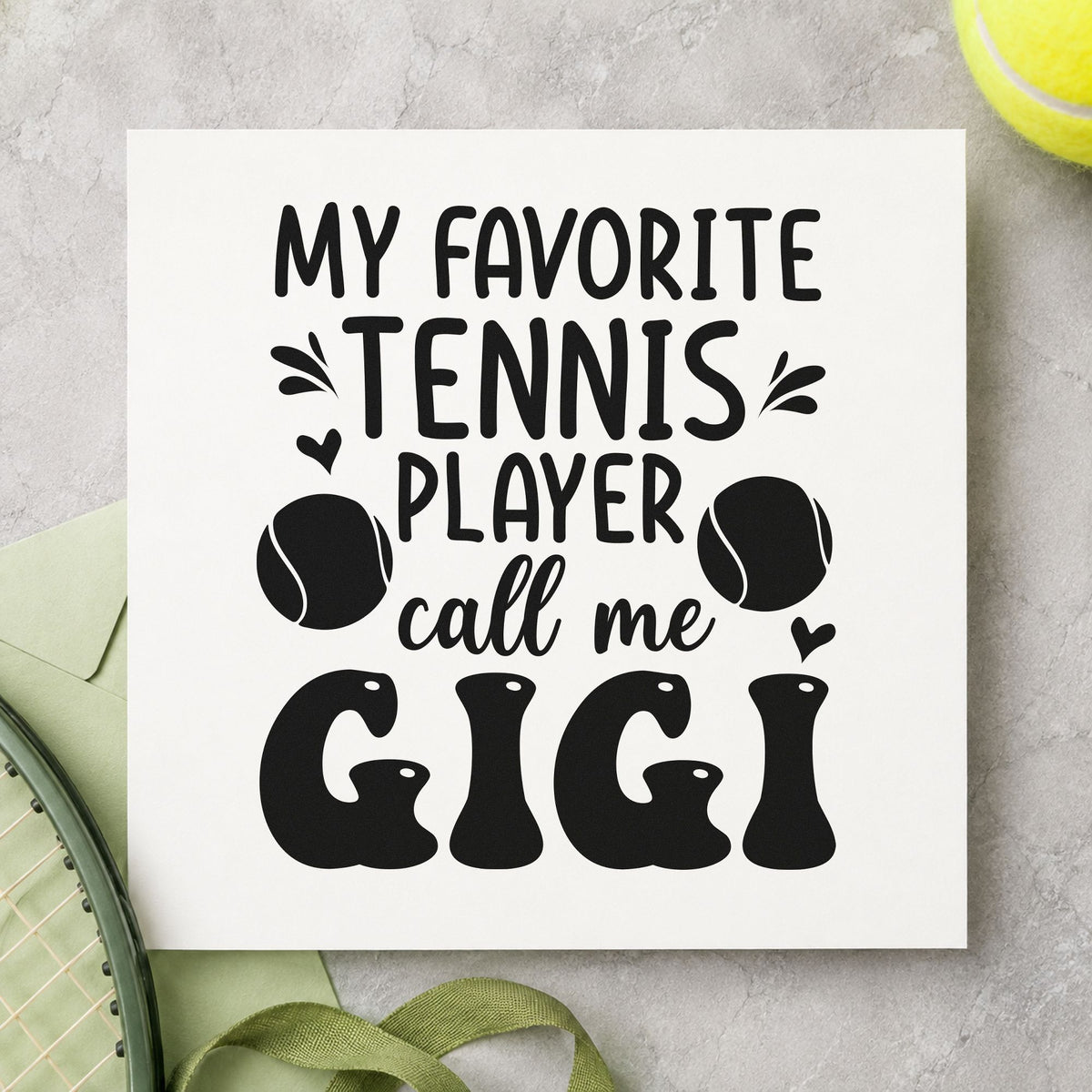 Favorite Tennis Player Gigi craft stamp in black ink on cardstock, an easy option for package album page.