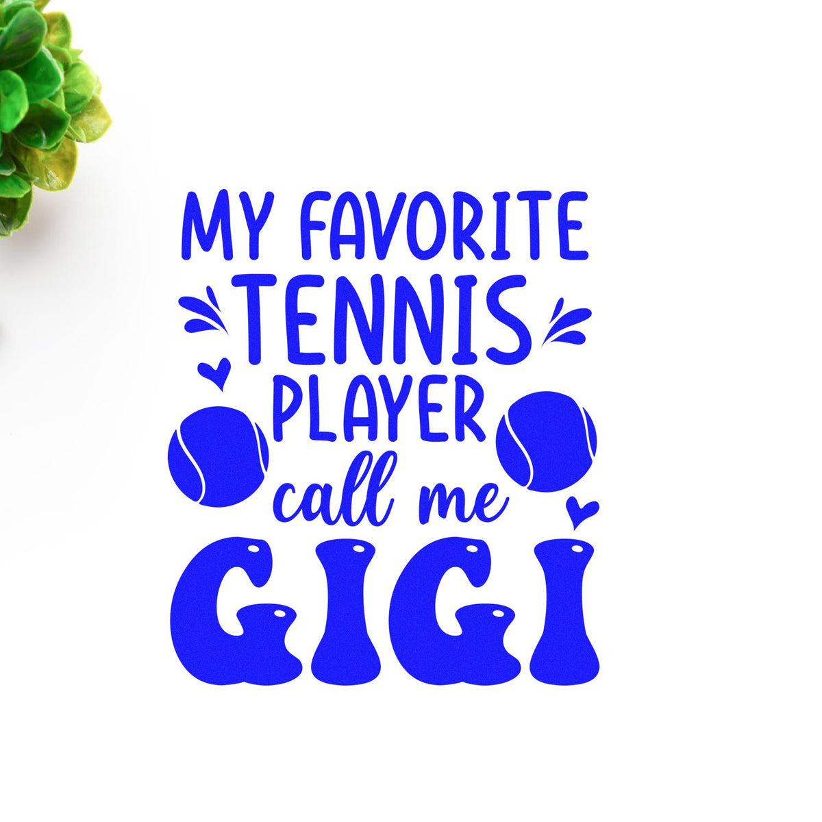 Favorite Tennis Player Gigi rubber stamp shown in blue ink, stamped for projects such as package album page.