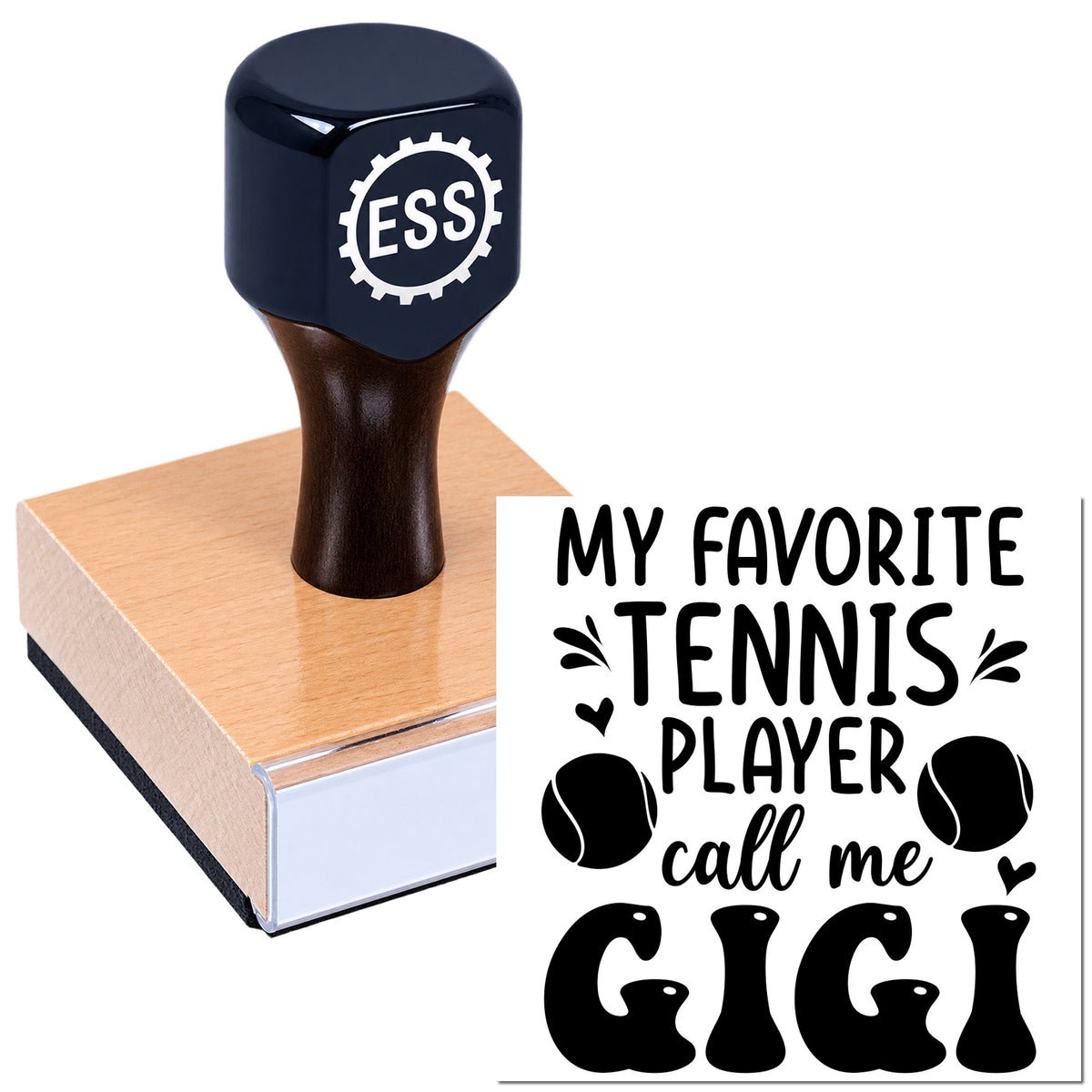Navy self-inking stamp and seal on a wooden block, featuring black tennis-themed text: "My favorite tennis player call me GIGI."
