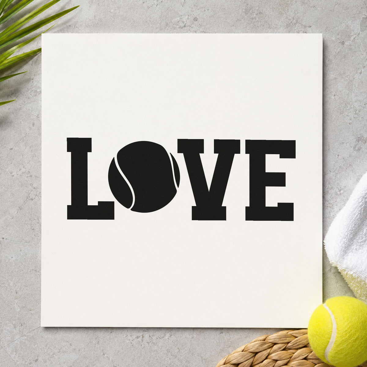 Love Tennis Ball Letter craft stamp in black ink on cardstock, an easy option for wedding album page.