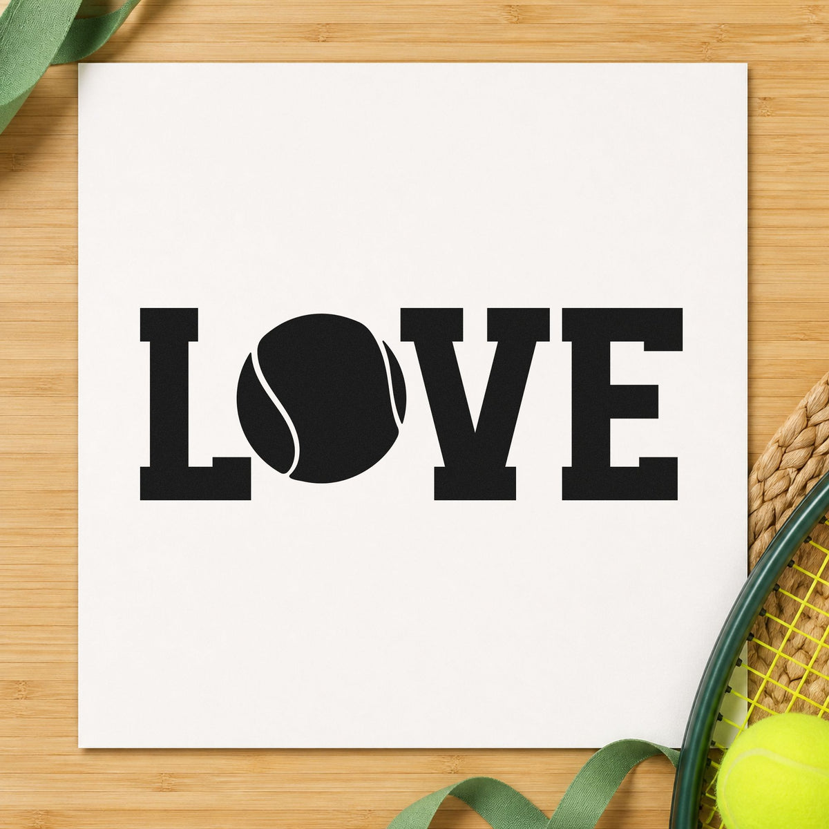 Love Tennis Ball Letter craft stamp imprint in black ink on a handmade project, one idea being favor box gift tags.
