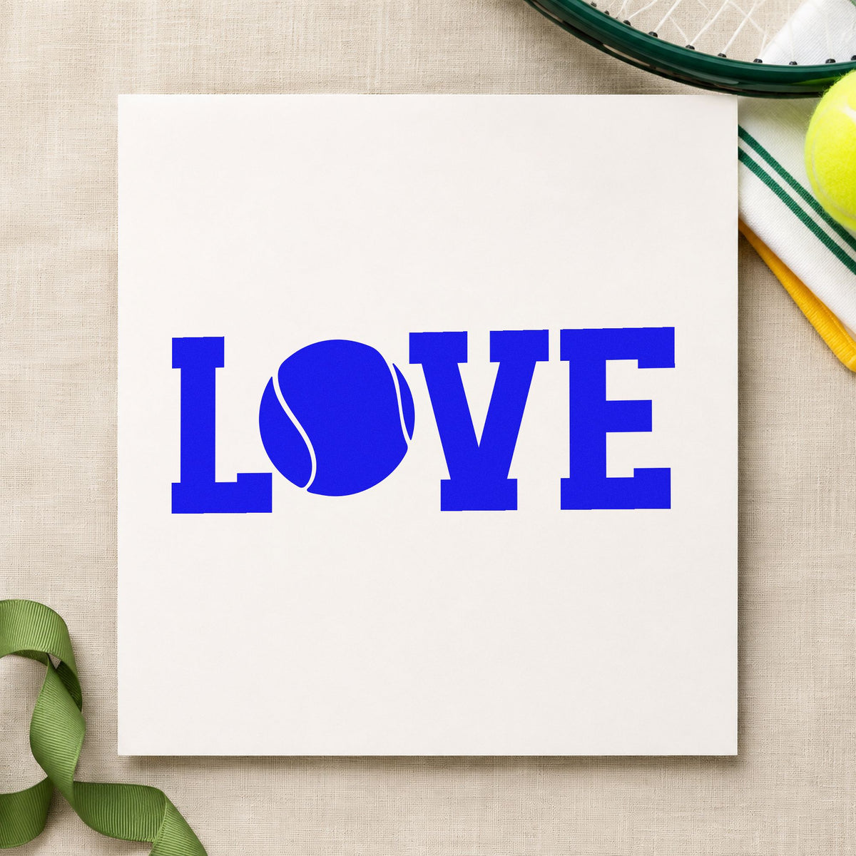 Love Tennis Ball Letter craft stamp in blue ink on cardstock, an easy option for aisle runner printing.