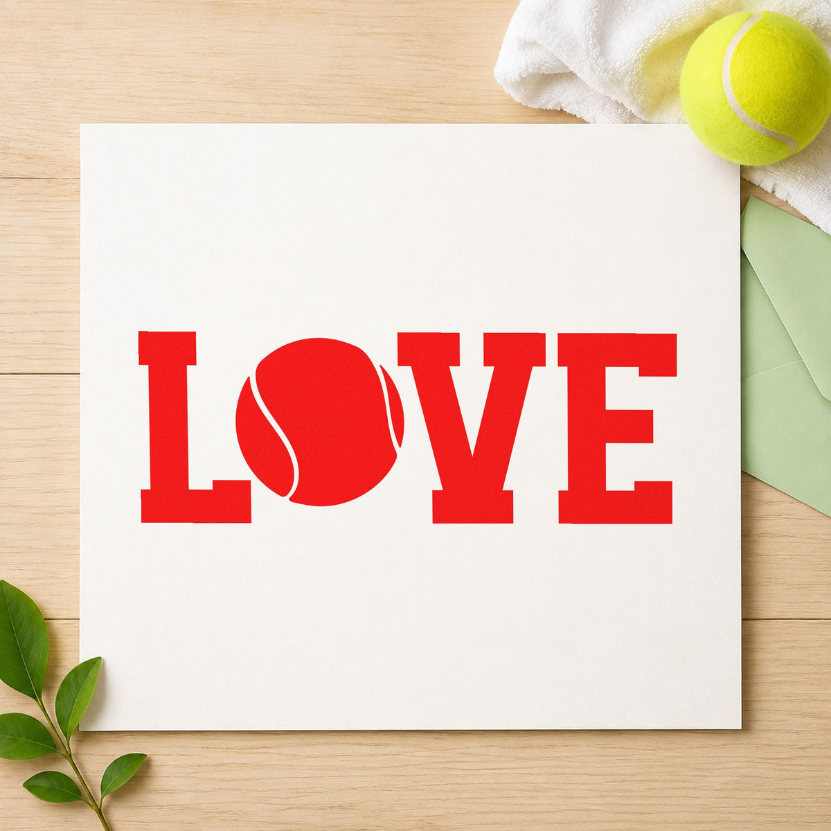 Love Tennis Ball Letter craft stamp imprint in red ink on a handmade project, one idea being seating slip cards.