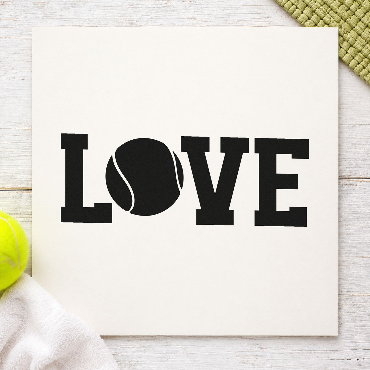 Love Tennis Ball Letter rubber stamp printed in black ink, ready for solid ball cards and similar paper crafts.