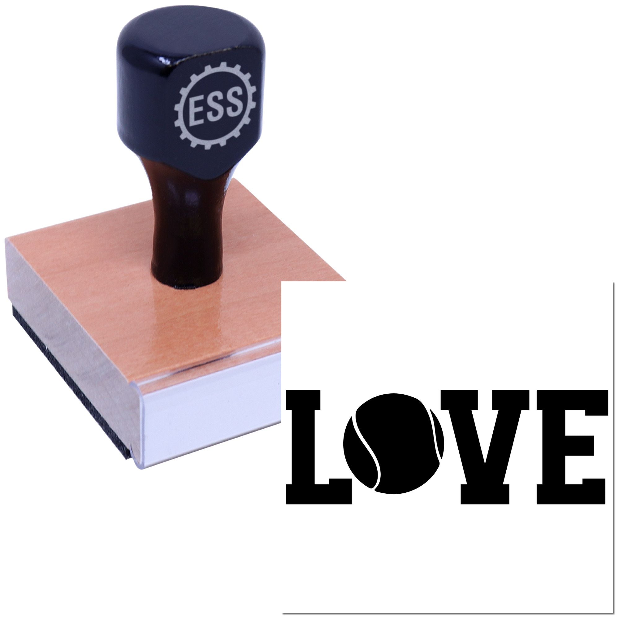 Dark navy ESS rubber stamp on a pink wooden base, with black LOVE seal design.