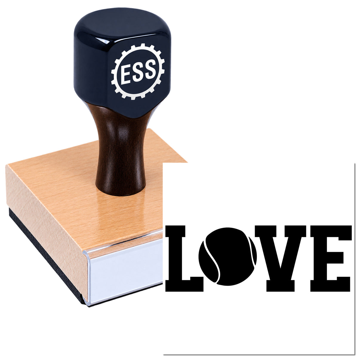 Dark navy ESS rubber stamp on a pink wooden base, with black LOVE seal design.