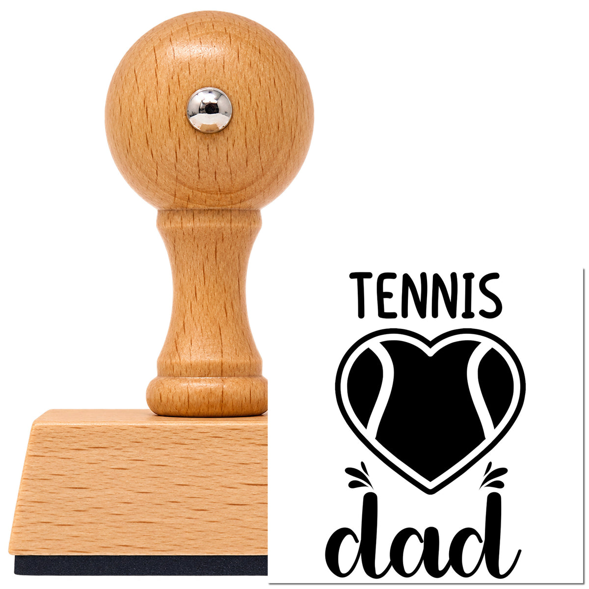 Vintage Pro beech wood stamp with a round knob handle, shown with its black Dad Tennis Heart Lettering imprint on white.