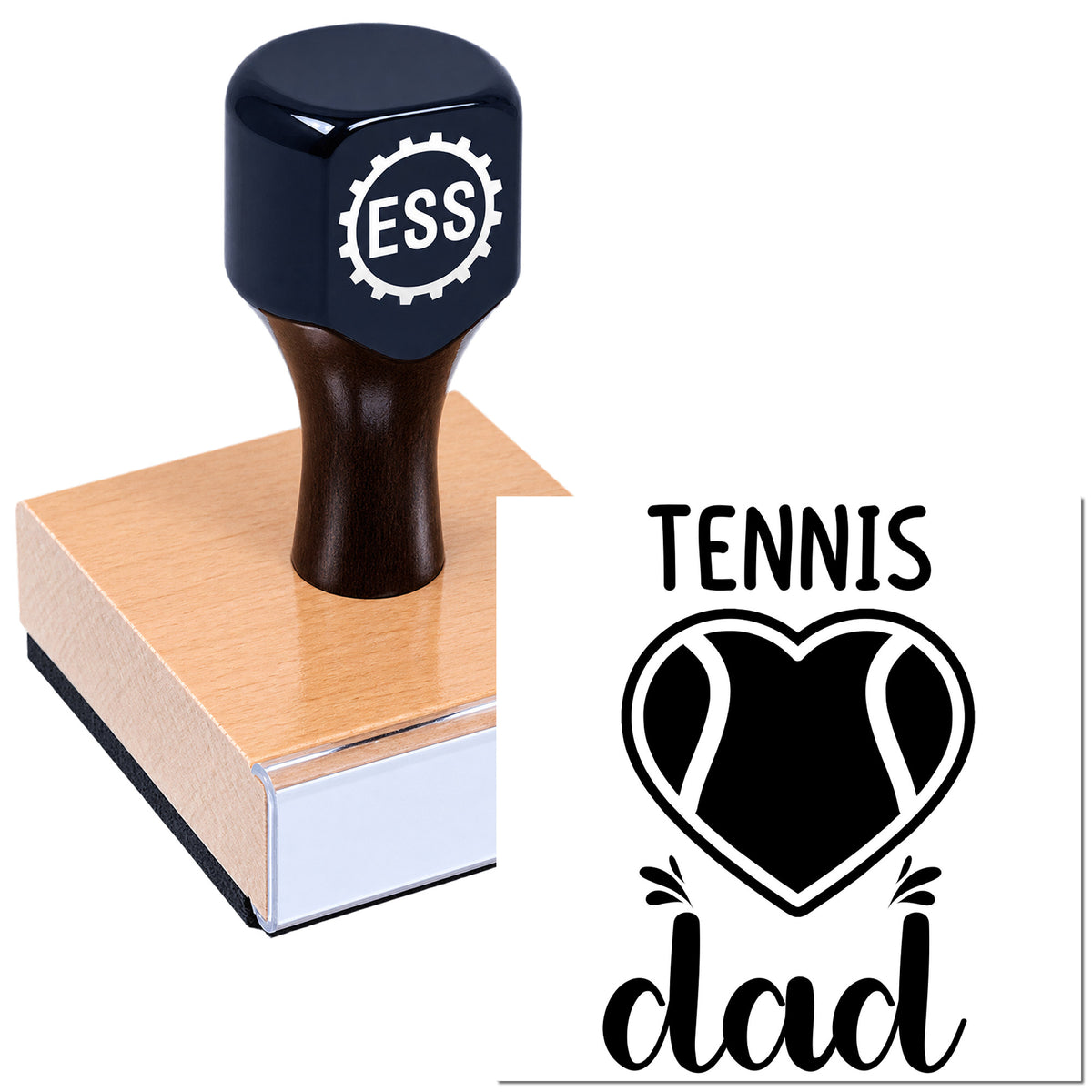 Dark navy rubber stamp with ESS logo on pink seal block, beside a Tennis Dad black-and-white custom stamp design.