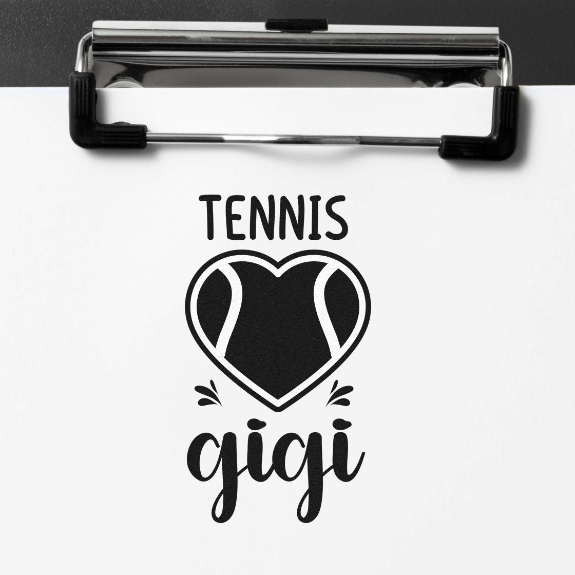 Black tennis gigi stamp seal design with heart-shaped tennis ball icon on white paper.