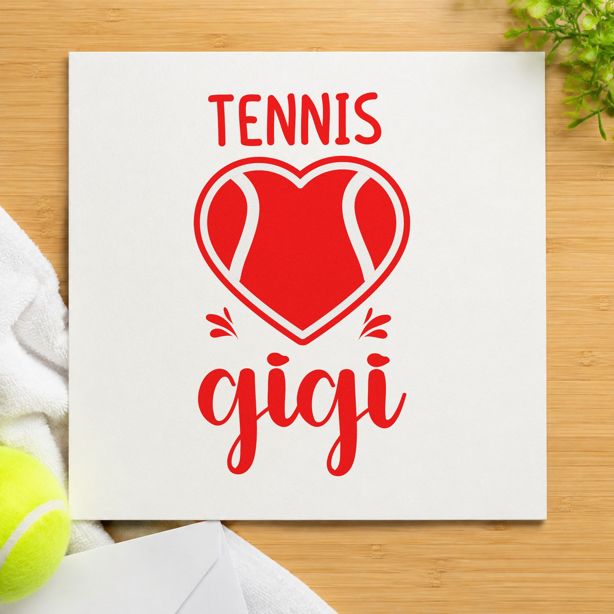 Tennis Gigi Heart Ball rubber stamp shown in red ink, stamped for projects such as bin serving labels.