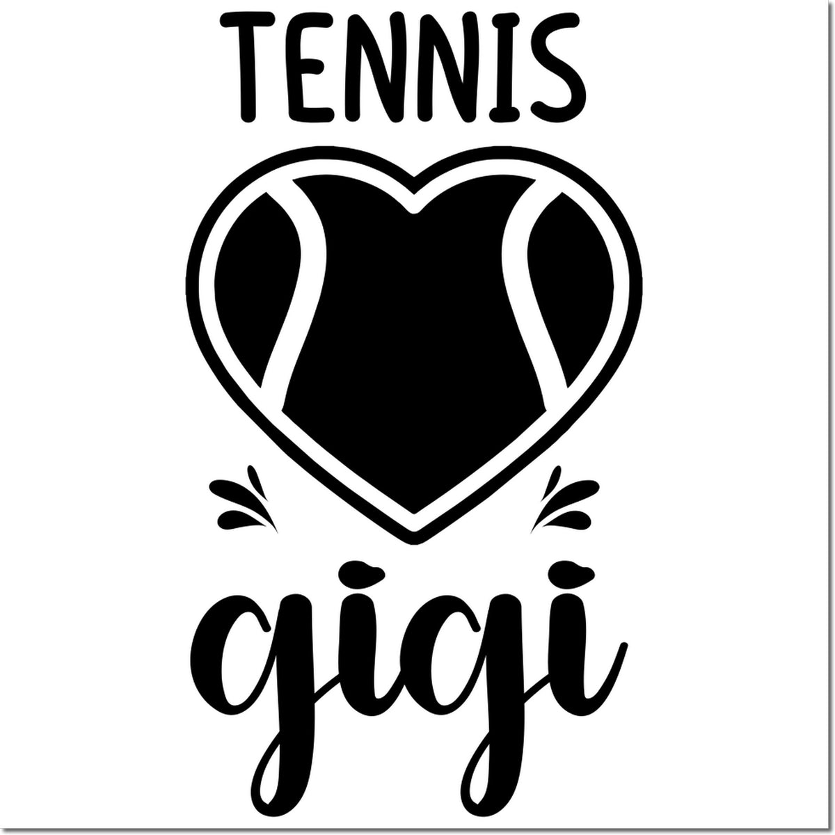 Black-and-white tennis stamp and seal with heart-shaped tennis ball icon and stylized Tennis gigi lettering on white.