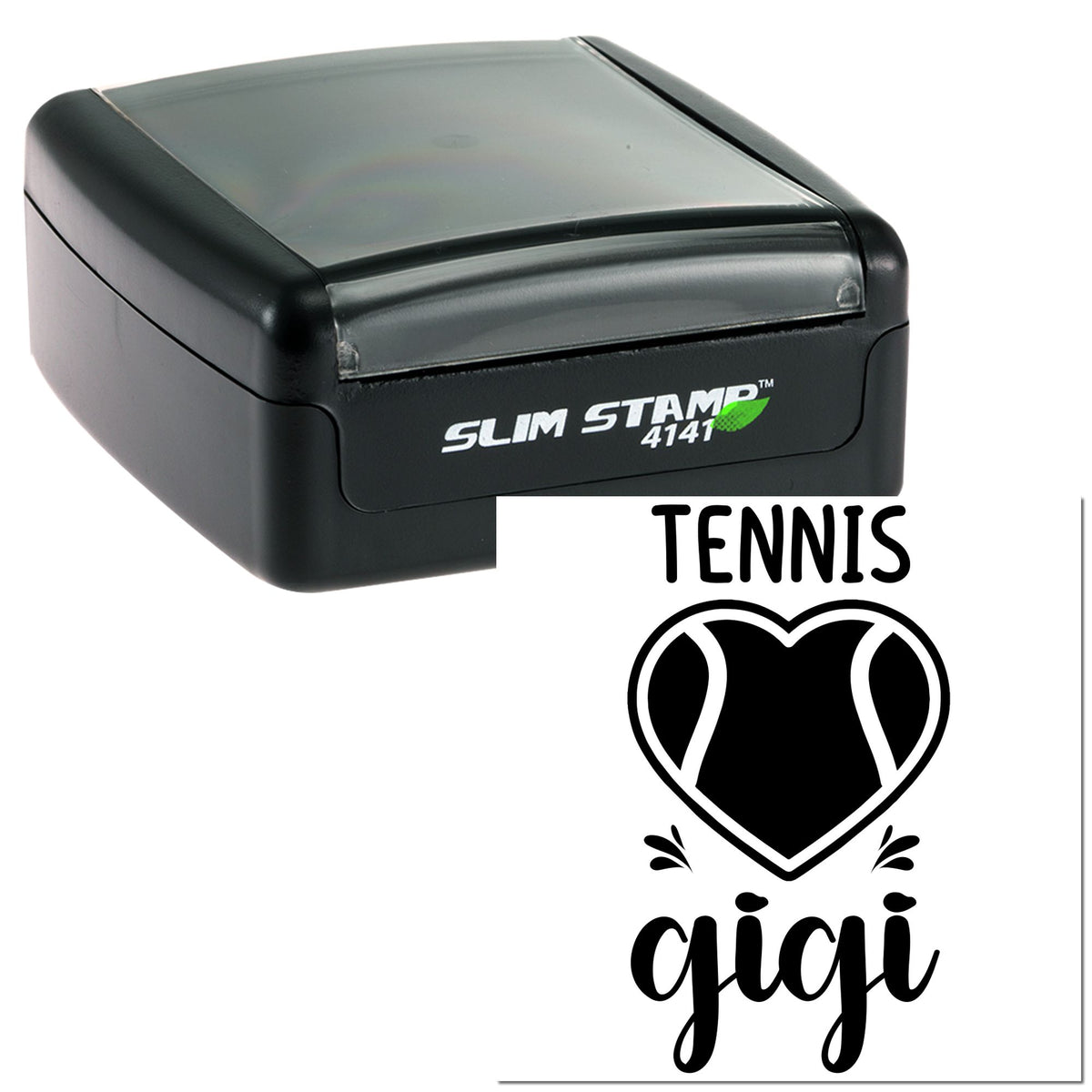 Black Slim Stamp 4141 self-inking stamp with Tennis Gigi heart seal design on a white background.
