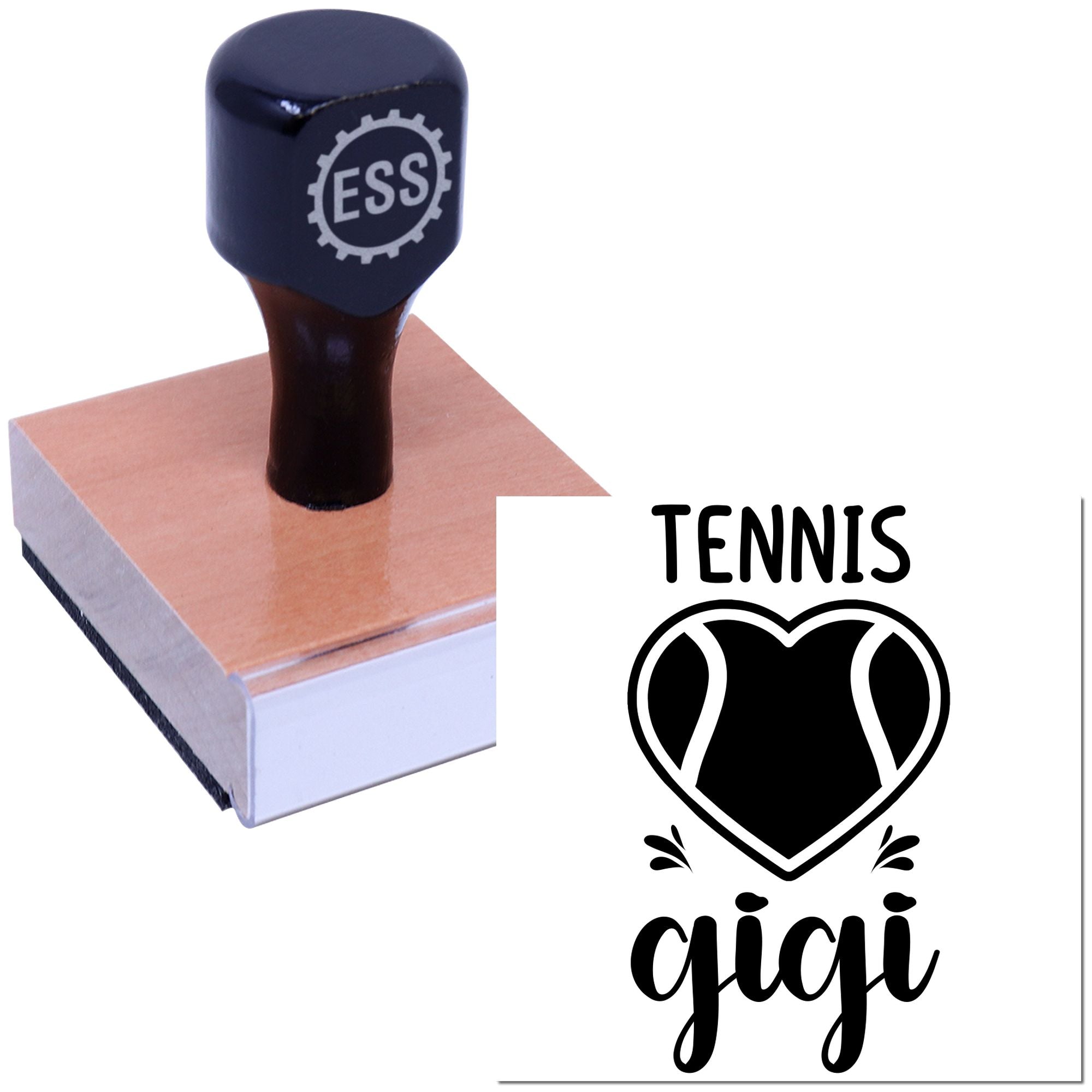 Navy ESSI stamp on pink wood block beside tennis seal graphic with black heart logo and Gigi text