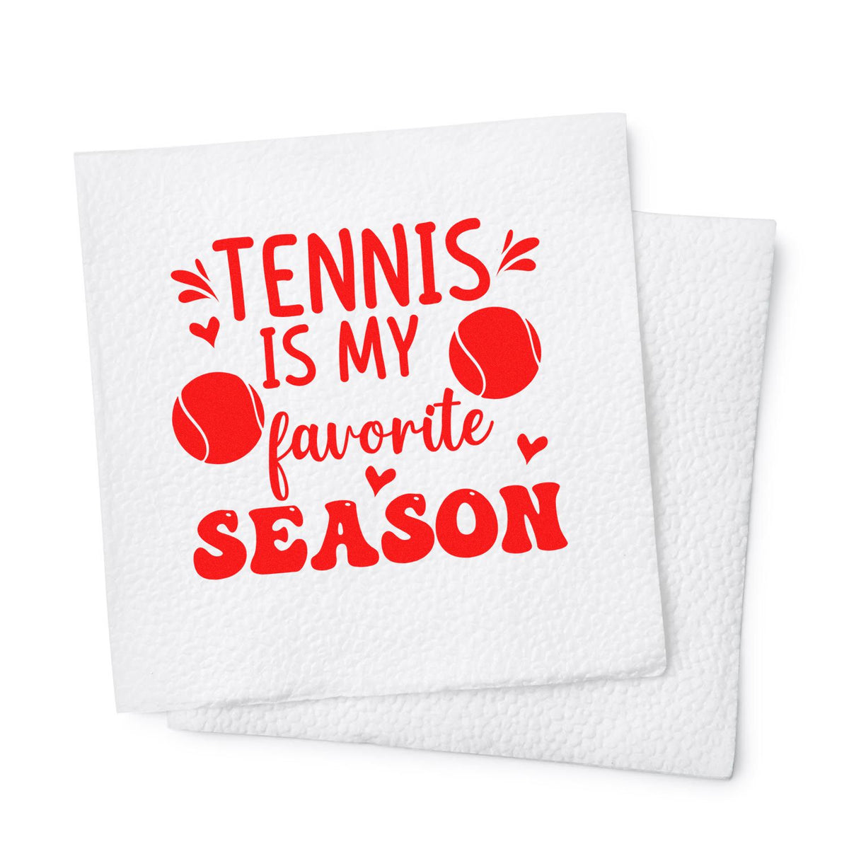 Red tennis stamp and seal design reading Tennis is my favorite season with tennis balls, hearts, on white textured squares.