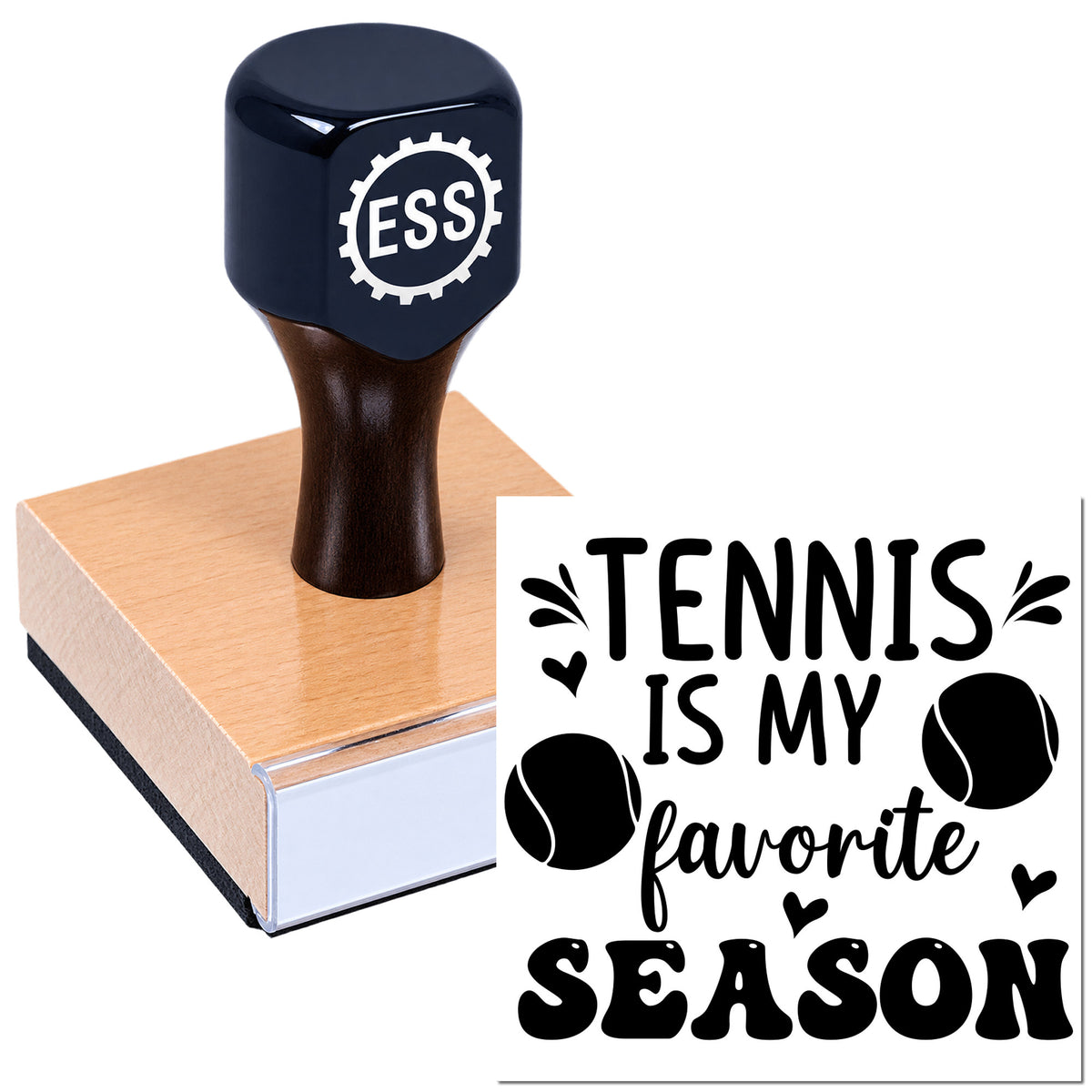 Dark navy ESS rubber seal stamp on a wood block beside a black tennis-themed custom stamp design on white background.