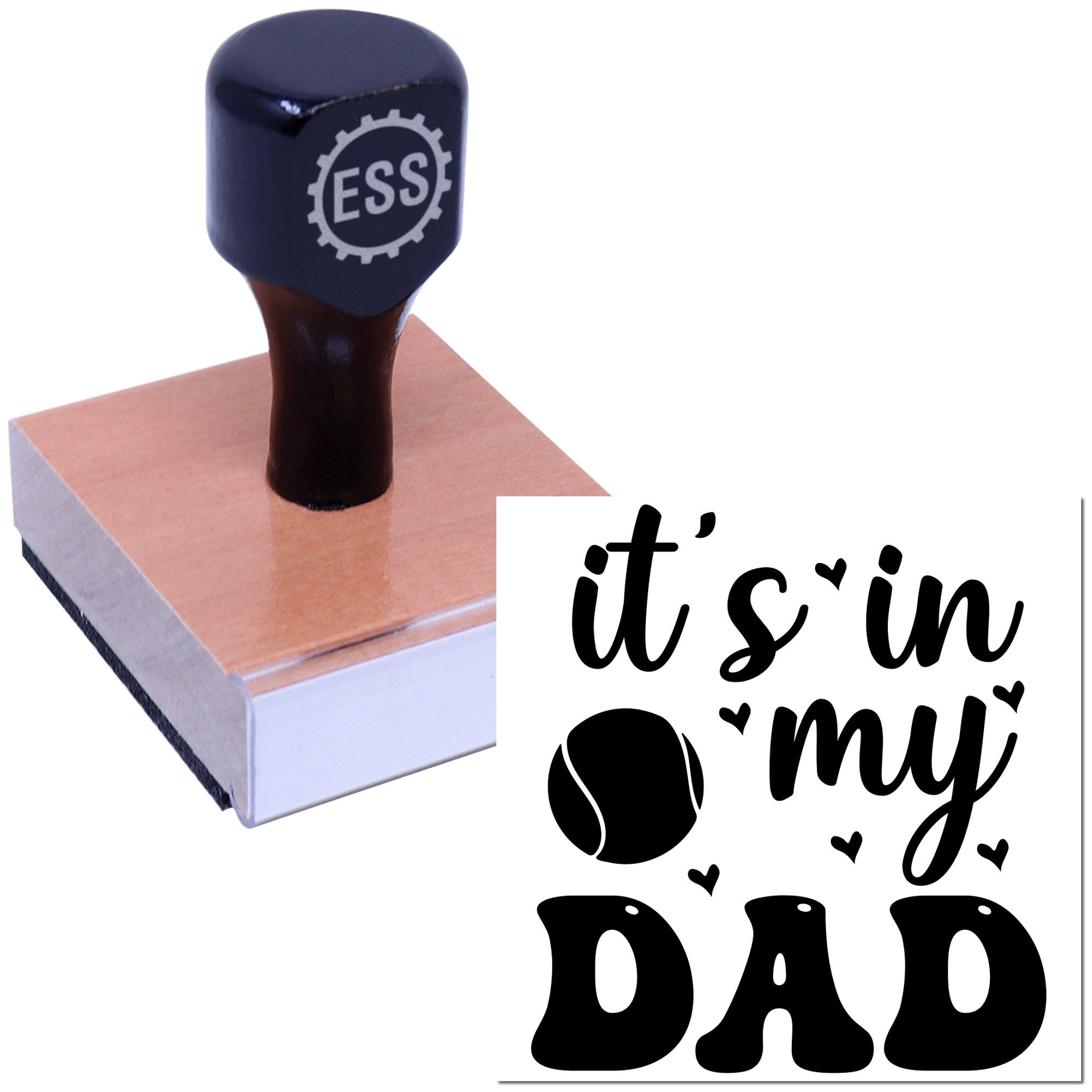 Black custom rubber stamp and seal on a pink block, with its in my DAD lettering and small hearts.