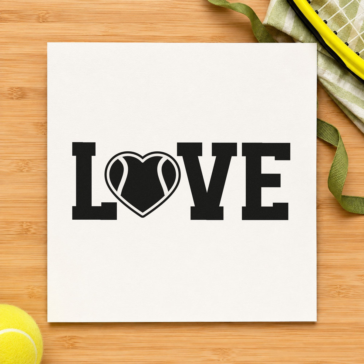 Love Heart Tennis Ball craft stamp imprint in black ink on a handmade project, one idea being dinner gift tags.