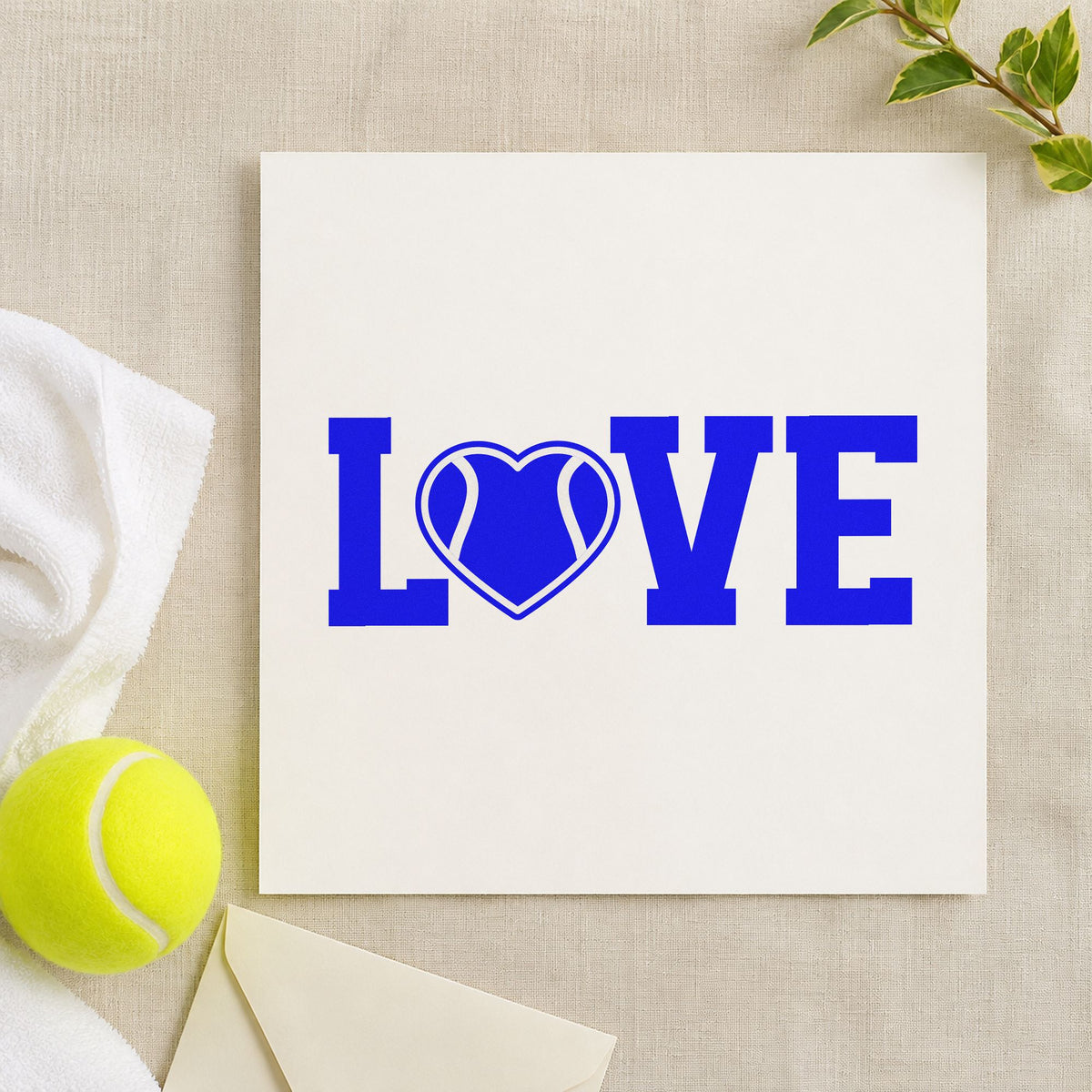 Love Heart Tennis Ball craft stamp in blue ink on cardstock, an easy option for table runner printing.
